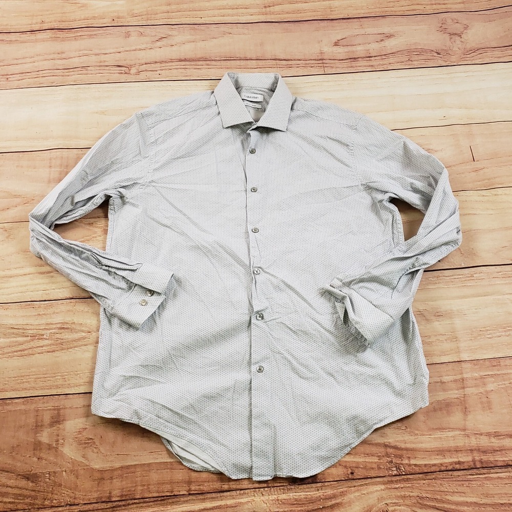 Calvin Klein Shirt Mens Large White Blue Button Up Outdoor Long Sleeve Slim‎